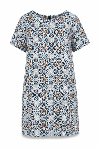 New Look Womens Blue Geometric Polyester A-Line Size 6 Round Neck Zip
