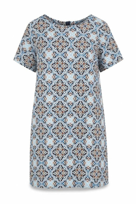 New Look Womens Blue Geometric Polyester A-Line Size 6 Round Neck Zip
