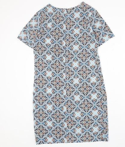 New Look Womens Blue Geometric Polyester A-Line Size 6 Round Neck Zip