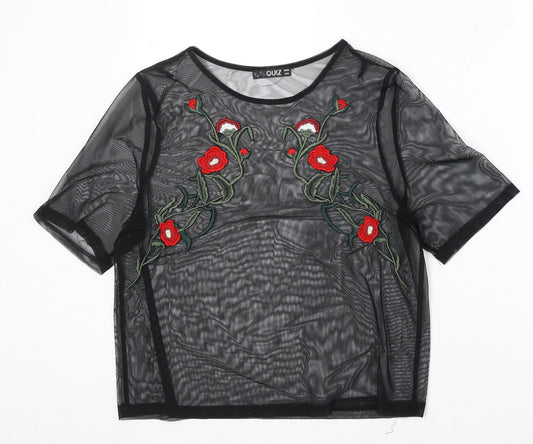 Quiz Womens Black Floral Polyester Basic Blouse Size 10 Round Neck