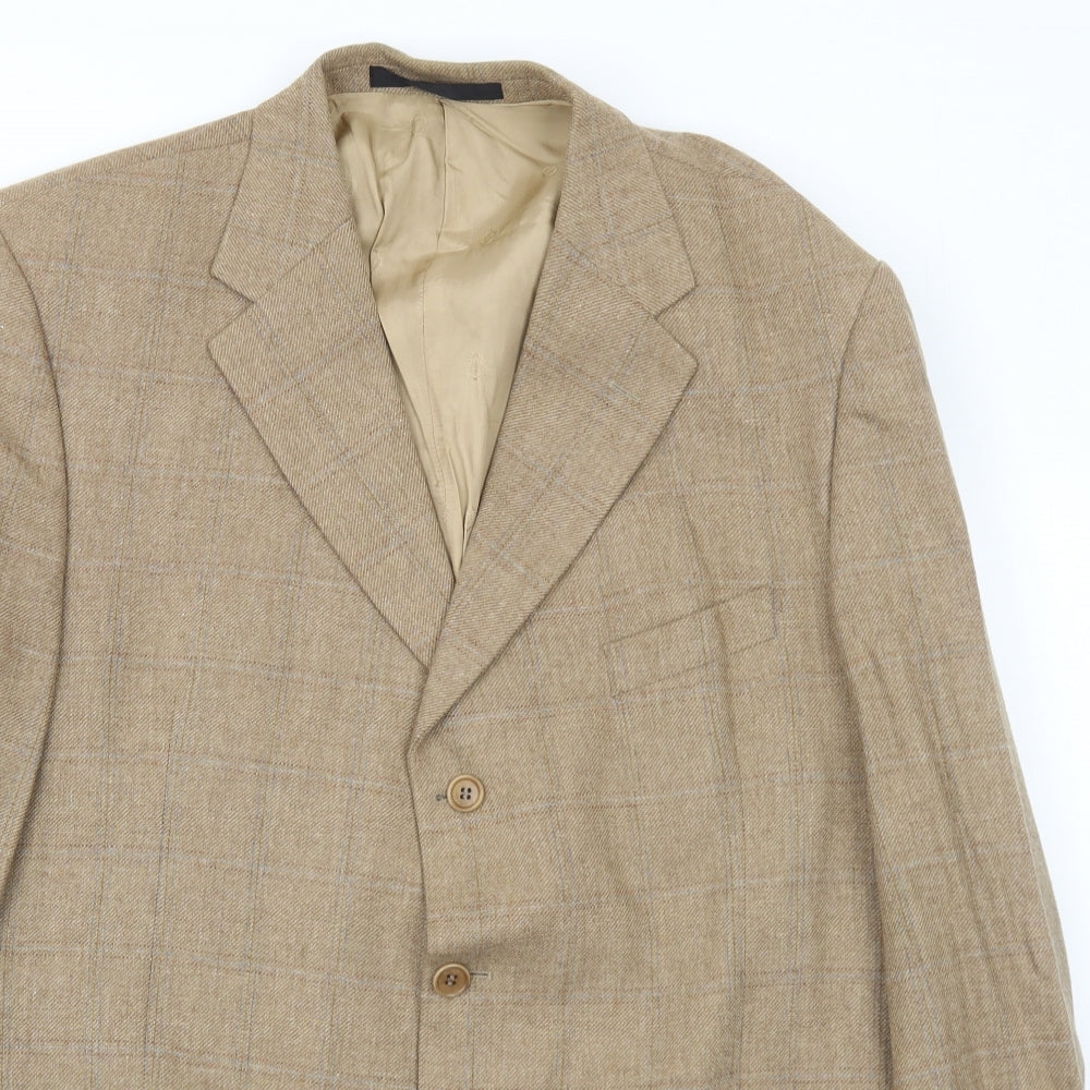 Marks and Spencer Mens Beige Plaid Wool Jacket Blazer Size 46 Regular