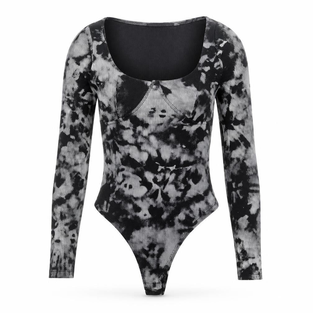 PRETTYLITTLETHING Womens Black Tie Dye Polyester Bodysuit One-Piece Size 6 Snap