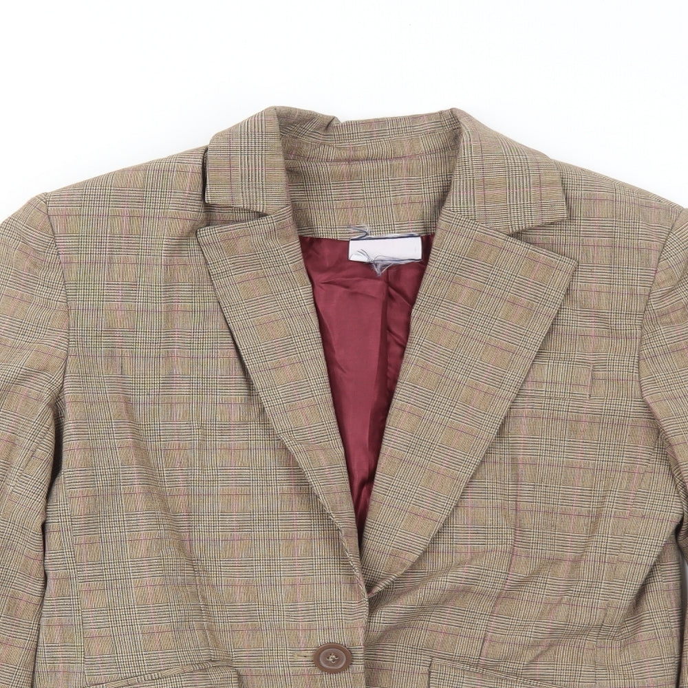 Preworn Womens Brown Plaid Polyester Jacket Blazer Size 10
