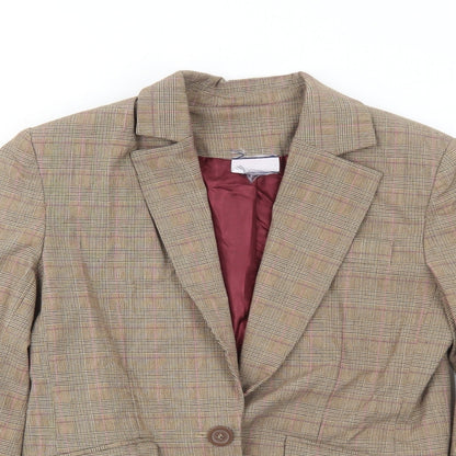 Preworn Womens Brown Plaid Polyester Jacket Blazer Size 10