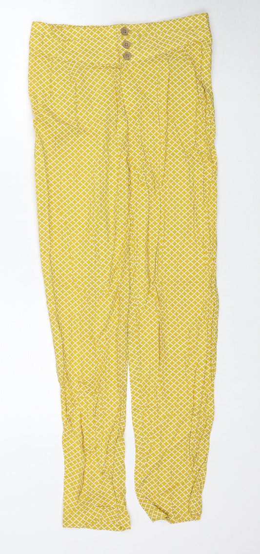 Marks and Spencer Womens Yellow Geometric Viscose Trousers Size 8 Regular Zip