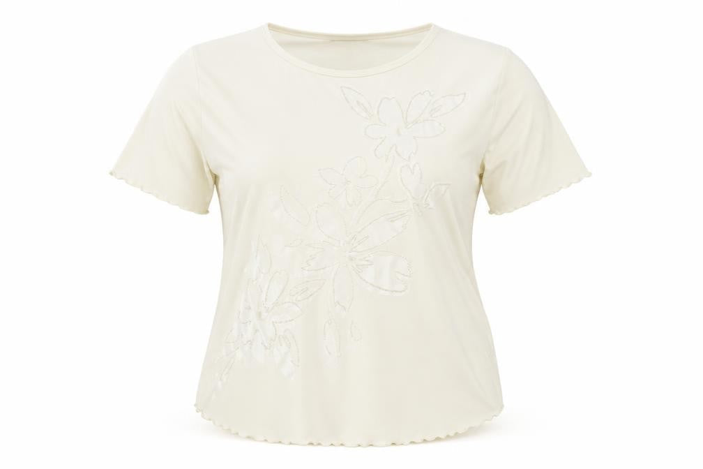 Sonic Womens Ivory Polyester Basic T-Shirt Size 16 Boat Neck - Floral Detail