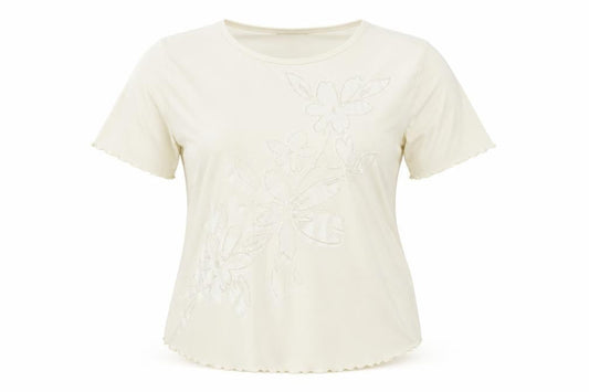 Sonic Womens Ivory Polyester Basic T-Shirt Size 16 Boat Neck - Floral Detail