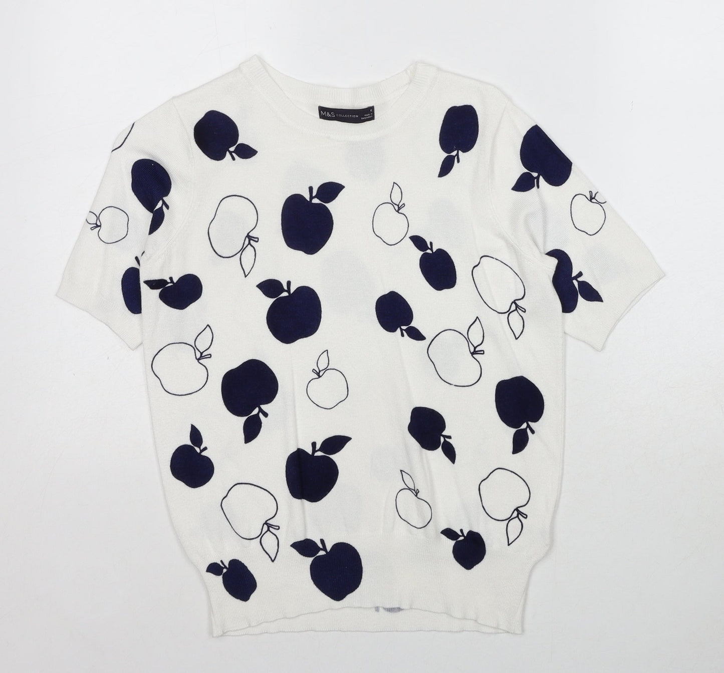 Marks and Spencer Womens White Round Neck Geometric Viscose Pullover Jumper Size 8 - Apple Print