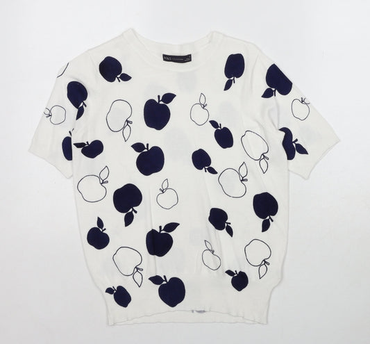 Marks and Spencer Womens White Round Neck Geometric Viscose Pullover Jumper Size 8 - Apple Print