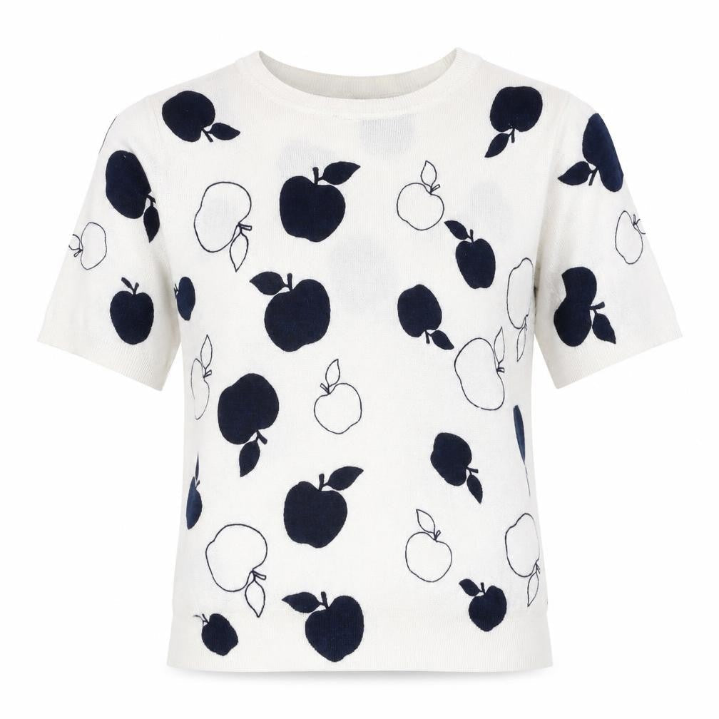 Marks & Spencer Womens White Round Neck Geometric Viscose Pullover Jumper Size 8 - Apple Print