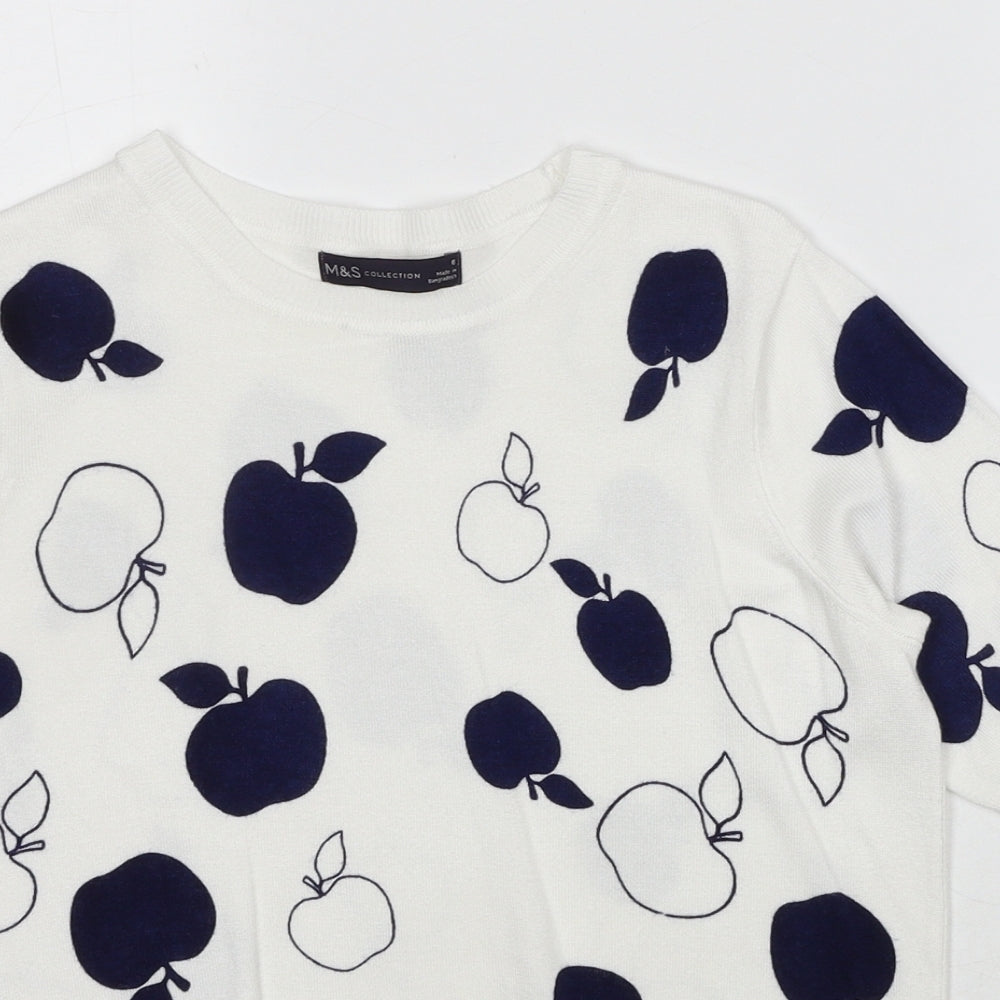Marks and Spencer Womens White Round Neck Geometric Viscose Pullover Jumper Size 8 - Apple Print