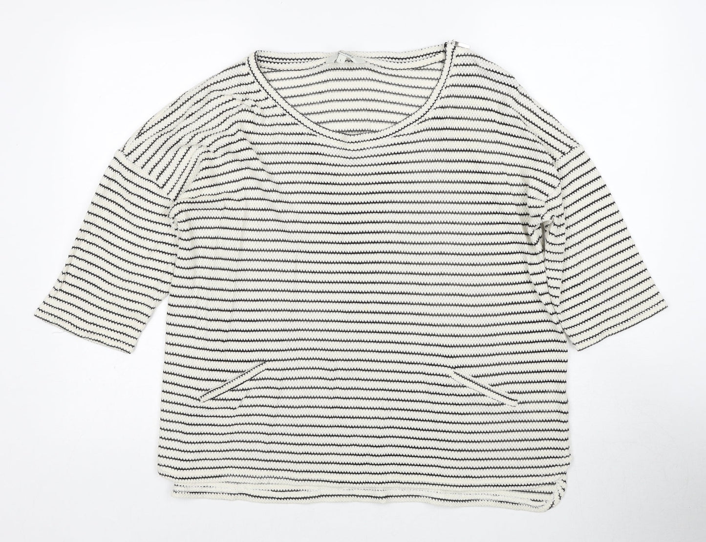 Peacocks Womens White Round Neck Striped Cotton Pullover Jumper Size L