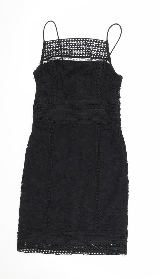 Topshop Womens Black Geometric Nylon A-Line Size 8 Square Neck Zip