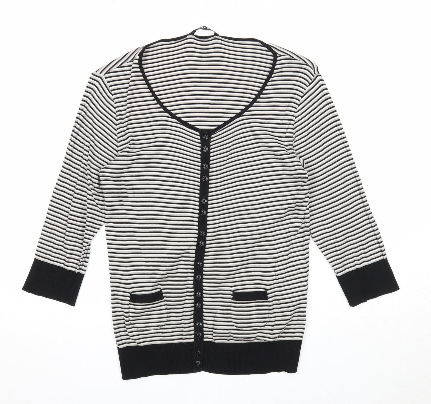 Planet Womens Black Scoop Neck Striped Cotton Cardigan Jumper Size M