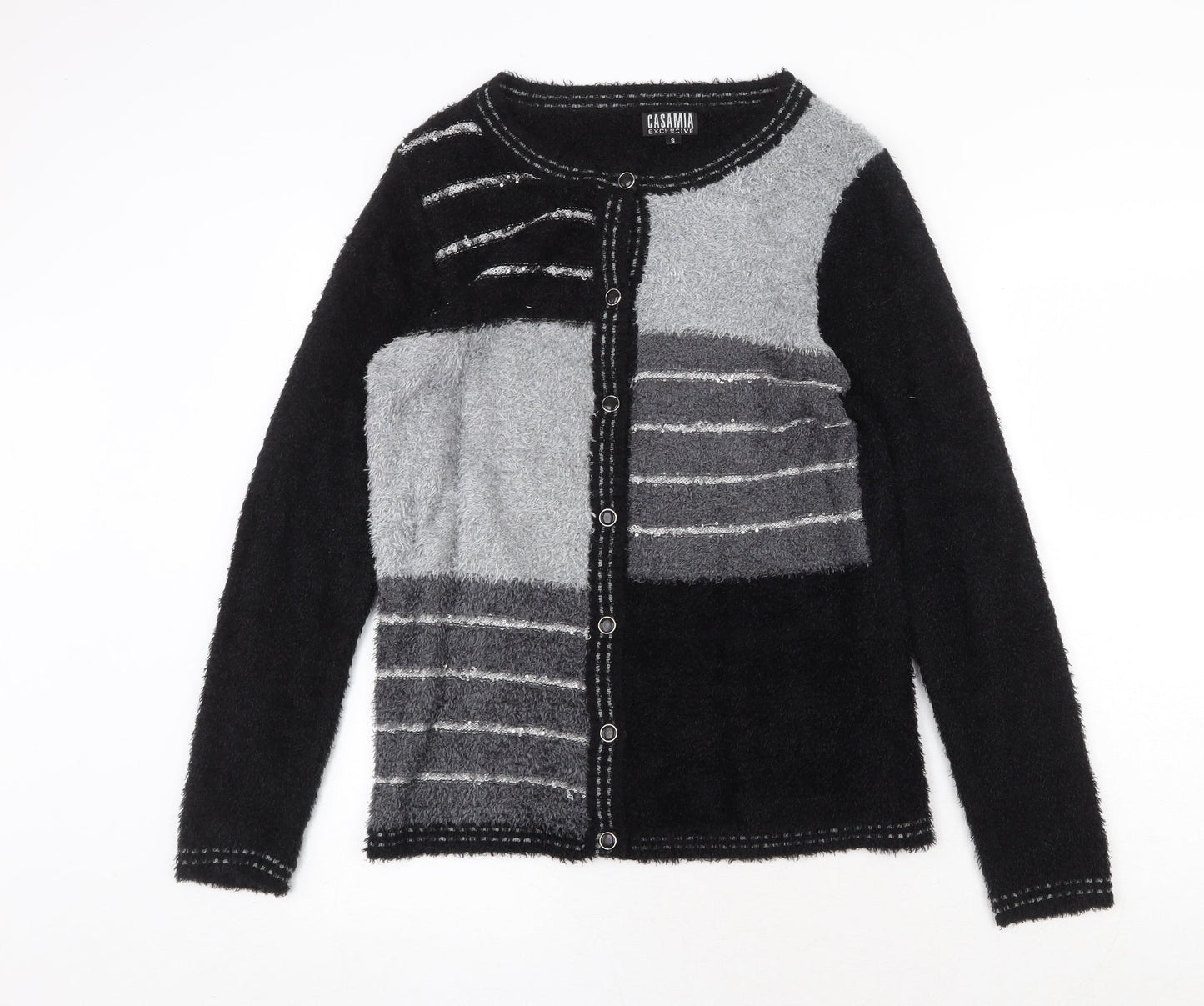 Casamia Womens Black Round Neck Geometric Nylon Cardigan Jumper Size S