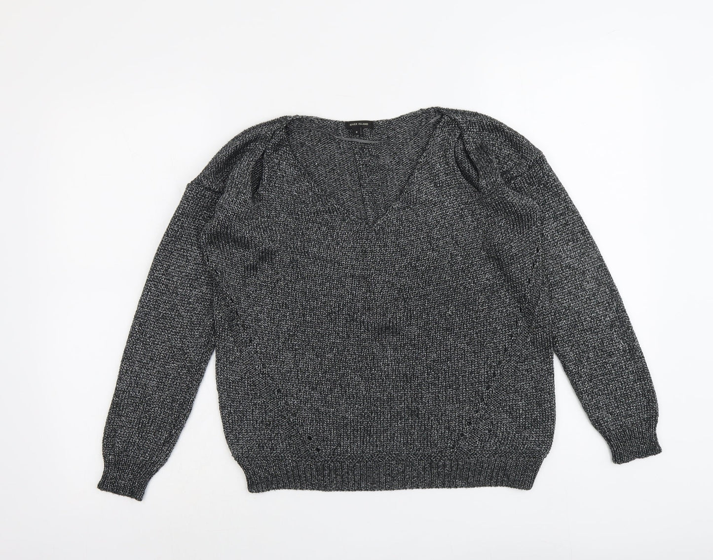 River Island Womens Silver V-Neck Acrylic Pullover Jumper Size 8