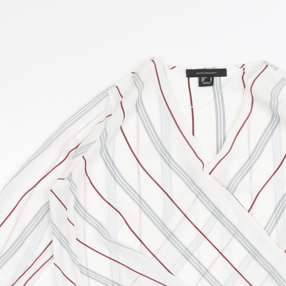 Atmosphere Womens White Striped Polyester Basic Blouse Size 10 V-Neck