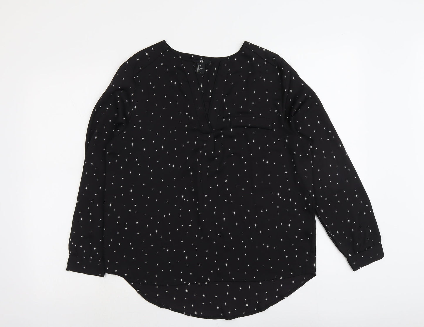 H&M Womens Black Geometric Polyester Basic Blouse Size 8 V-Neck - Star Pattern