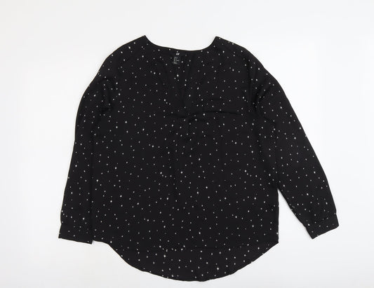 H&M Womens Black Geometric Polyester Basic Blouse Size 8 V-Neck - Star Pattern