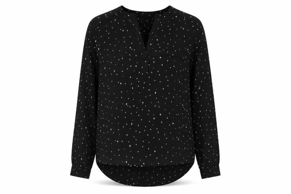 H&M Womens Black Geometric Polyester Basic Blouse Size 8 V-Neck - Star Pattern