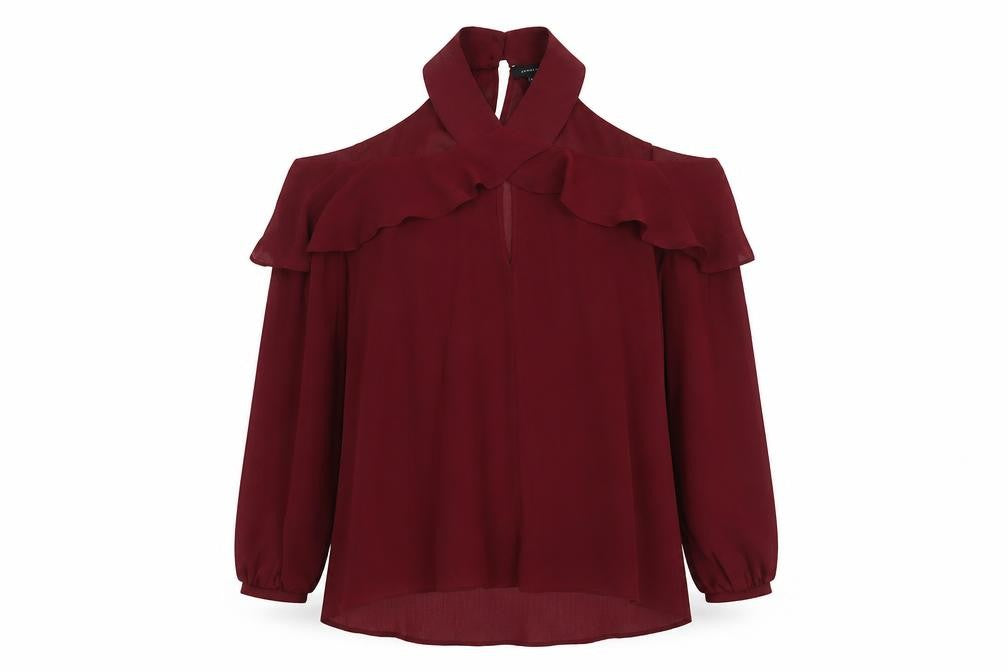 Atmosphere Womens Red Polyester Basic Blouse Size 10 V-Neck - Cold Shoulder