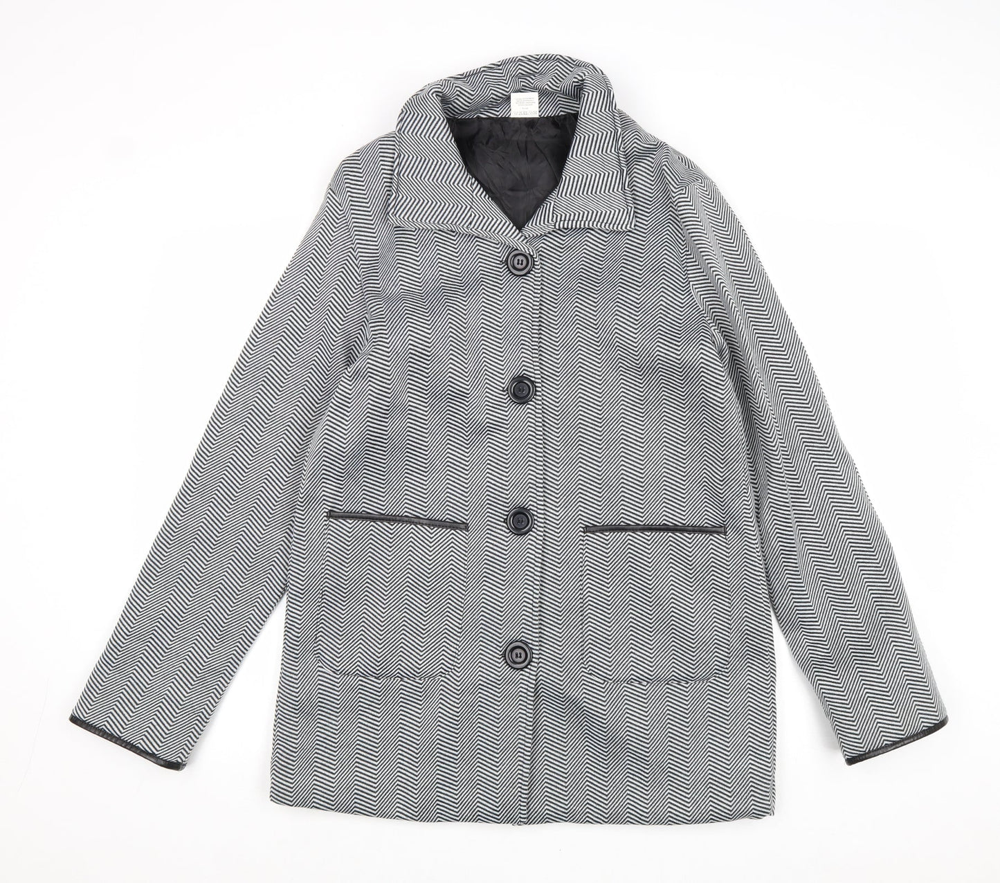 Anne De Lancay Womens Black Geometric Overcoat Coat Size 10 Button - Size 10-12