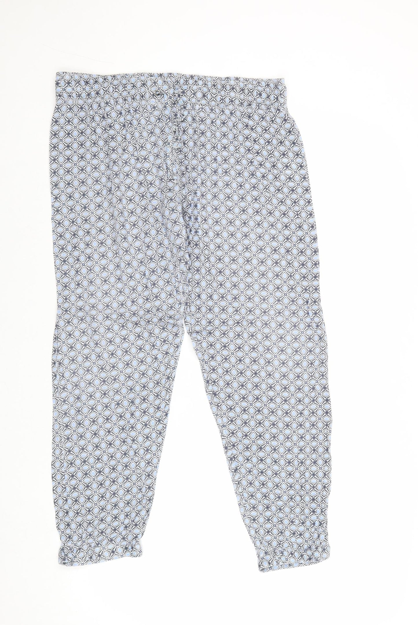 Original Womens Blue Geometric Cotton Trousers Size 14 Regular Drawstring