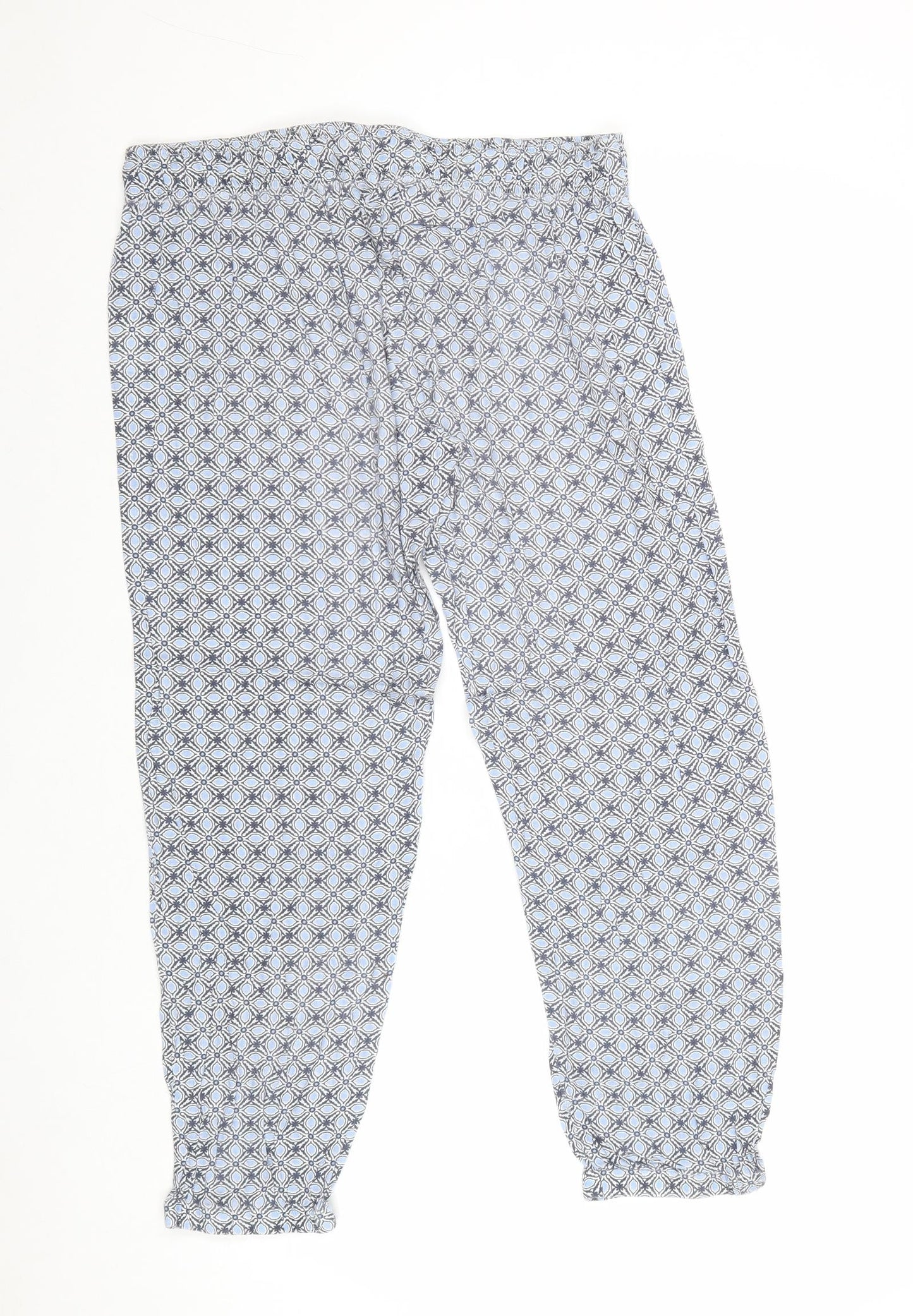 Original Womens Blue Geometric Cotton Trousers Size 14 Regular Drawstring