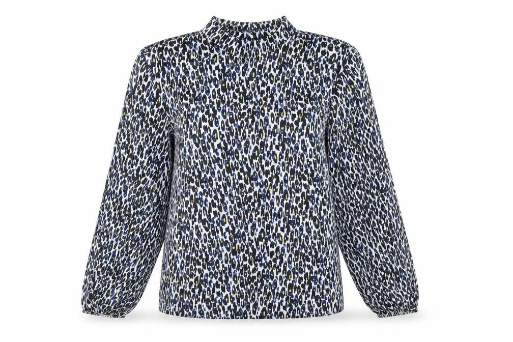 Per Una Womens Blue Animal Print Viscose Basic Blouse Size 12 Mock Neck - Leopard Pattern