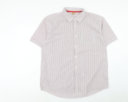Oak Valley Mens White Striped Polyester Button-Up Size XL Collared Button