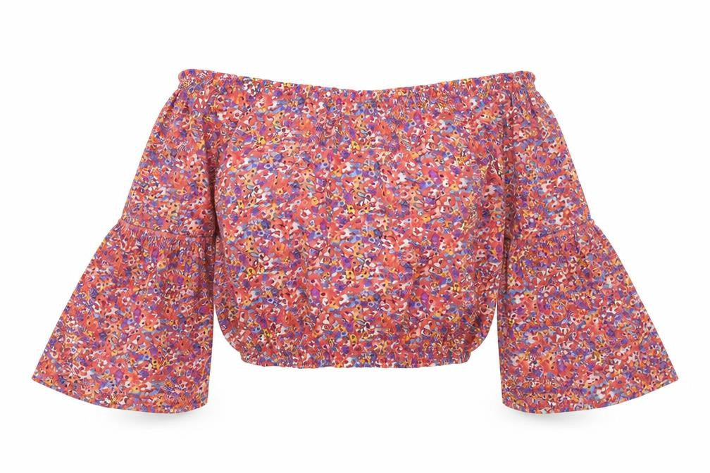 FOREVER 21 Womens Pink Floral Viscose Basic Blouse Size L Off the Shoulder