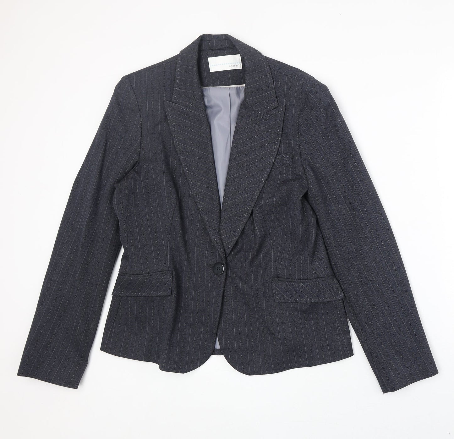 AMARANTO Womens Blue Striped Polyester Jacket Blazer Size 14