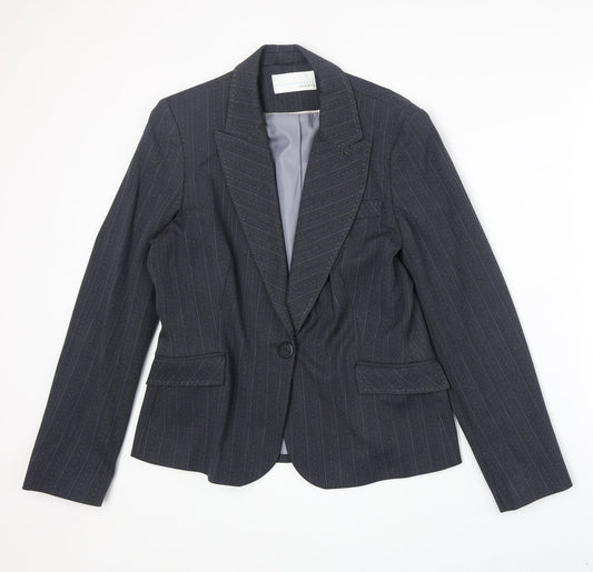 AMARANTO Womens Blue Striped Polyester Jacket Blazer Size 14
