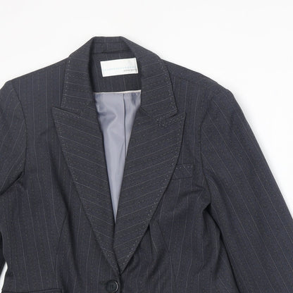 AMARANTO Womens Blue Striped Polyester Jacket Blazer Size 14