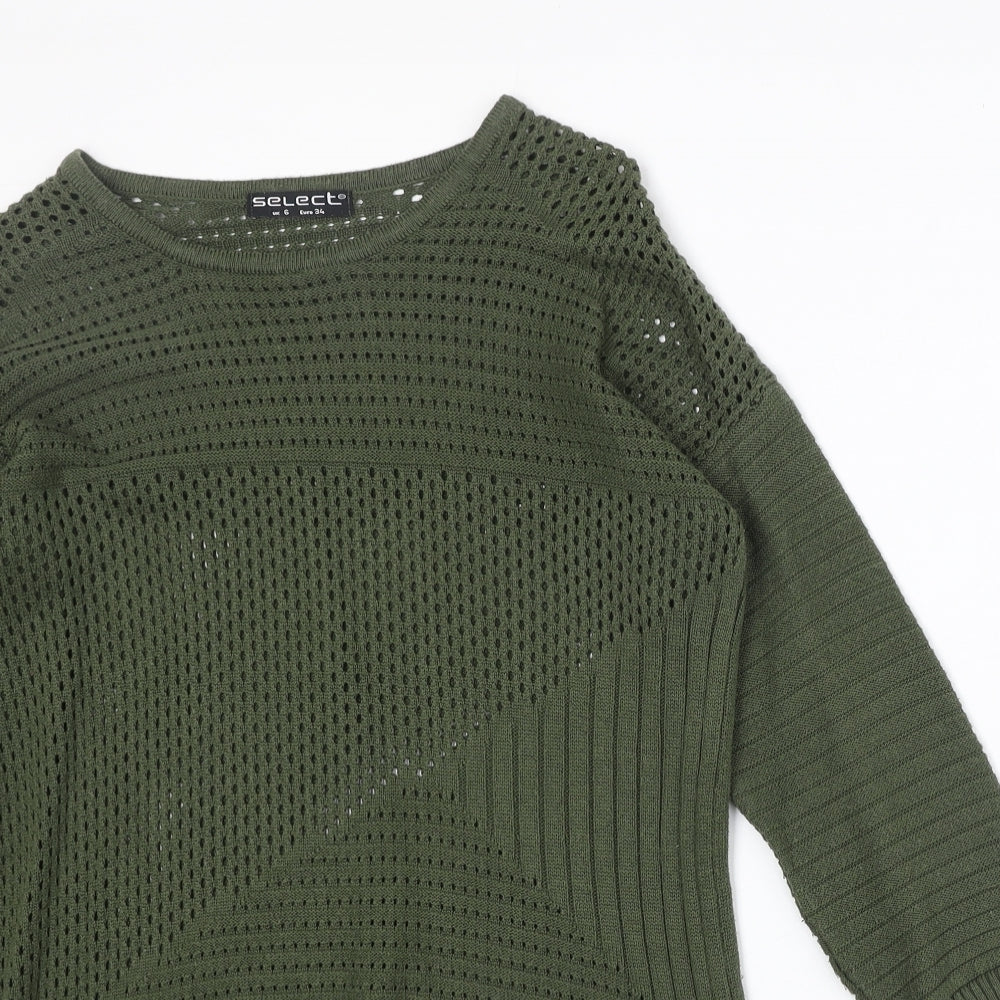 Select Womens Green Boat Neck Geometric Cotton Pullover Jumper Size 6
