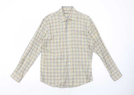 Dunnes Stores Mens Beige Plaid Cotton Button-Up Size S Collared Button