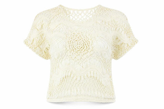 Cameo Rose Womens Ivory Floral Acrylic Basic Blouse Size M Round Neck