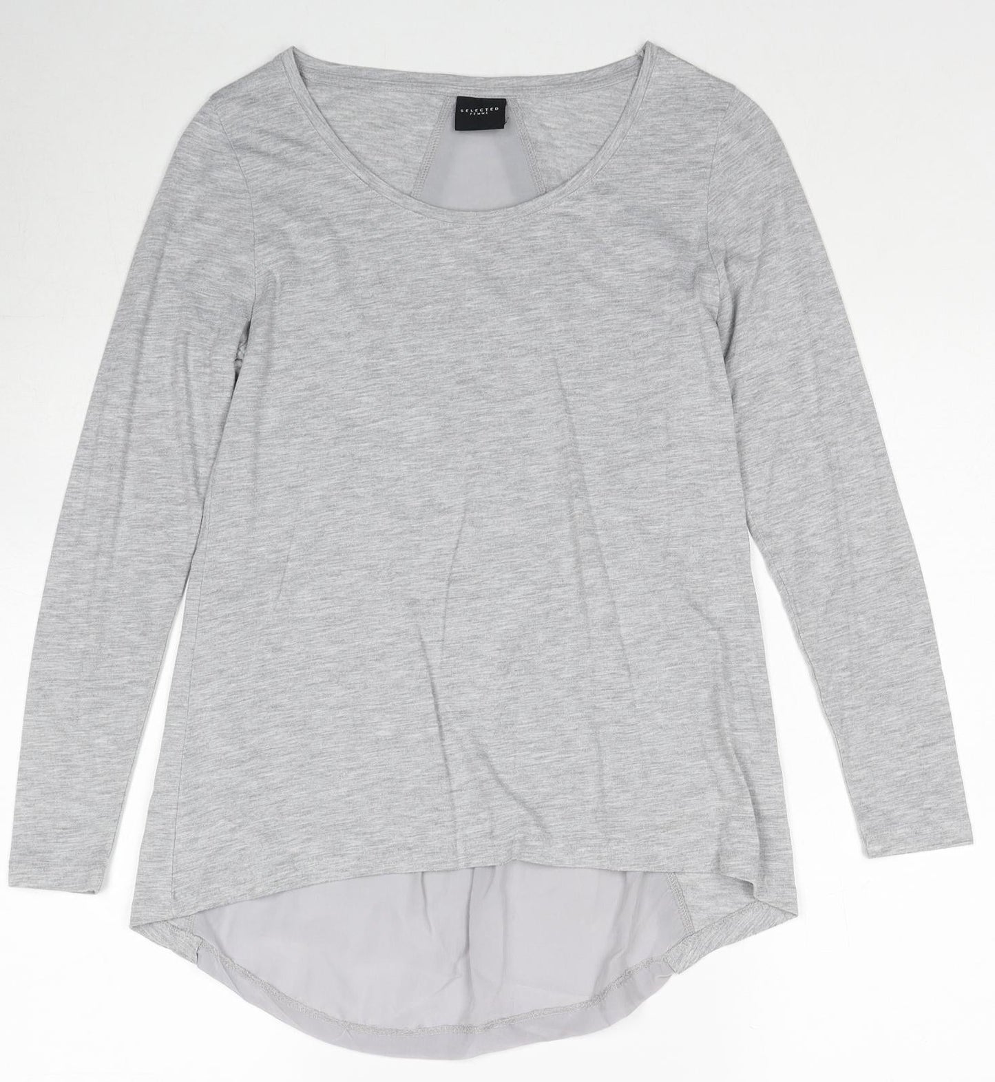 Selected Womens Grey Cotton Basic Blouse Size 6 Round Neck