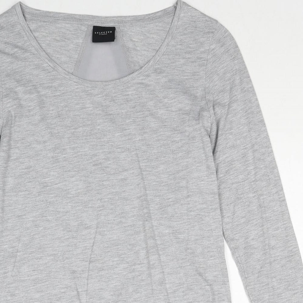 Selected Womens Grey Cotton Basic Blouse Size 6 Round Neck
