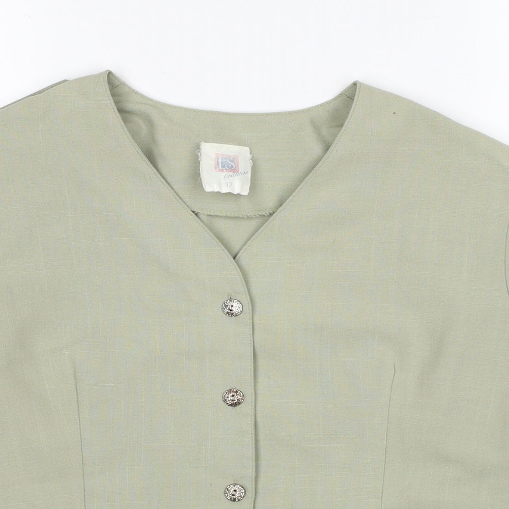 LS Collection Womens Green Polyester Basic Button-Up Size 12 V-Neck