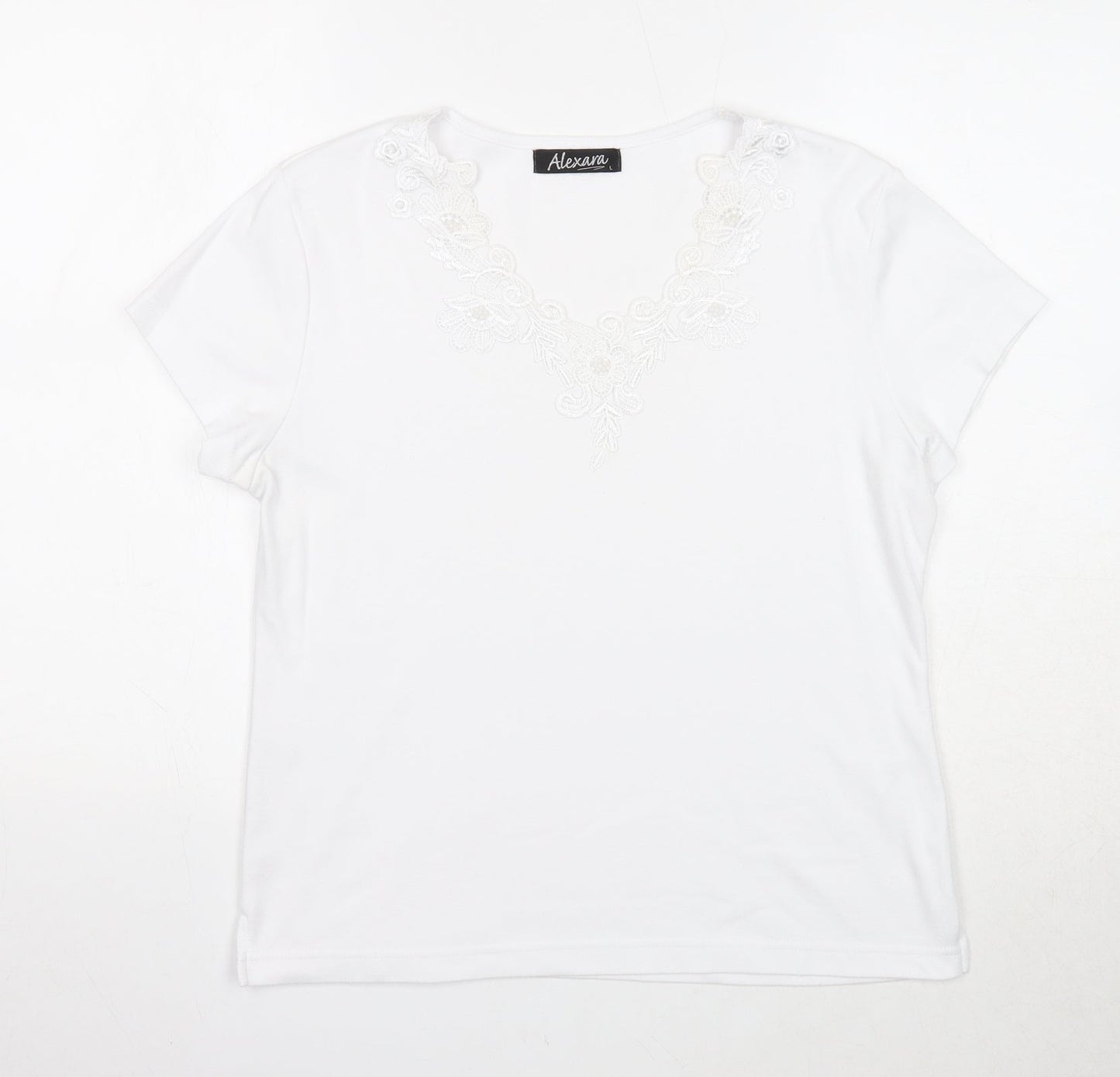 Alexara Womens White Polyester Basic T-Shirt Size L V-Neck