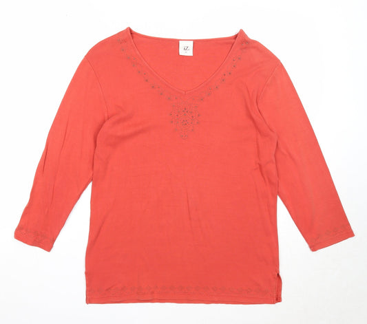 Iz Womens Red Cotton Basic T-Shirt Size M V-Neck