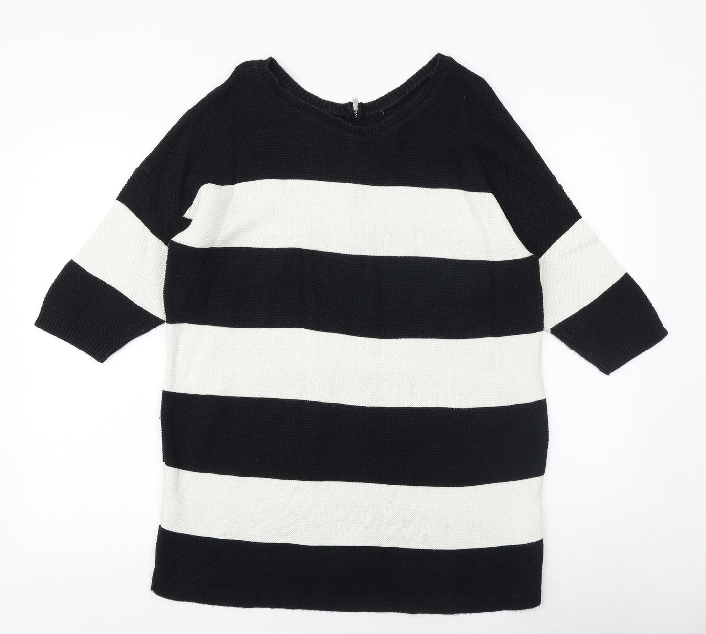 Soon Womens Black Round Neck Striped Cotton Pullover Jumper Size 14