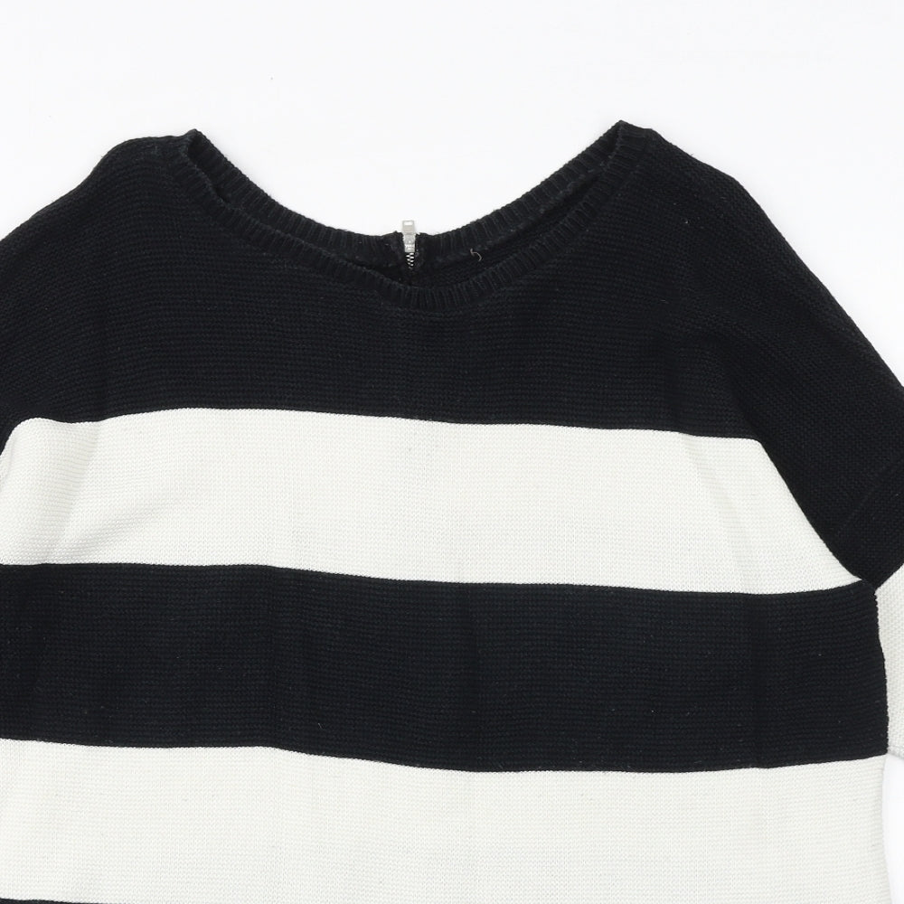 Soon Womens Black Round Neck Striped Cotton Pullover Jumper Size 14
