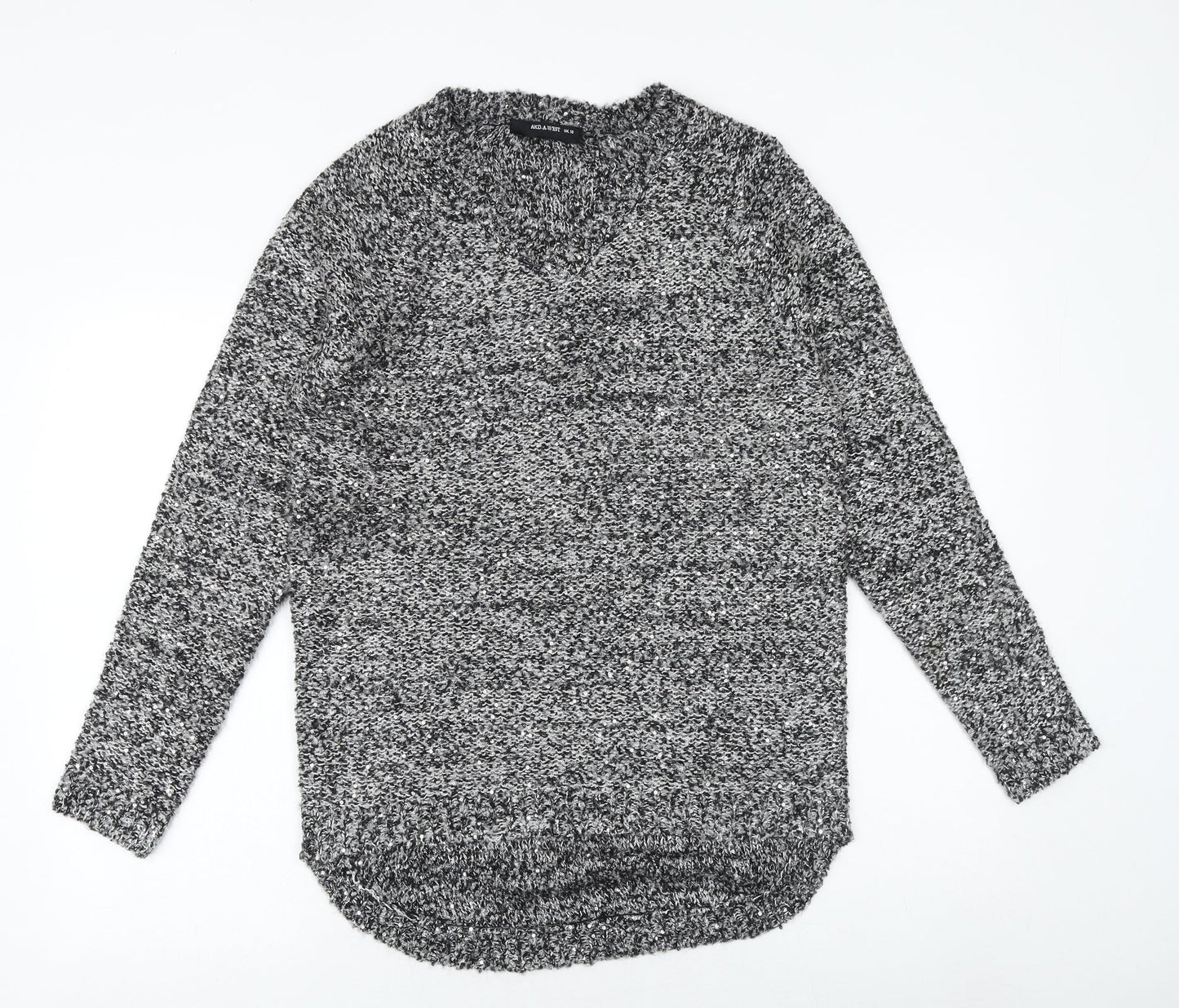 AKD A WEST Womens Grey Round Neck Geometric Acrylic Pullover Jumper Size 10