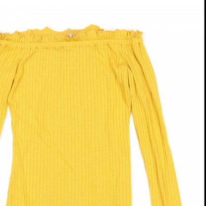 Womens Yellow Cotton Bodycon Size S Off the Shoulder Pullover