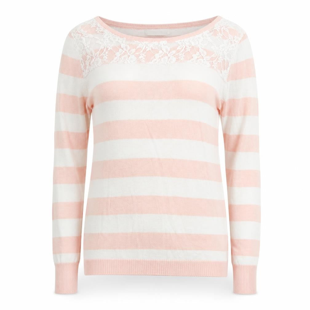 Nicole Womens Pink Round Neck Striped Cotton Pullover Jumper Size M - Lace Detail