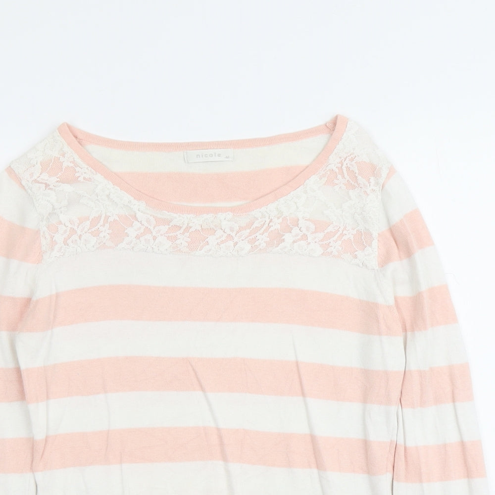 Nicole Womens Pink Round Neck Striped Cotton Pullover Jumper Size M - Lace Detail