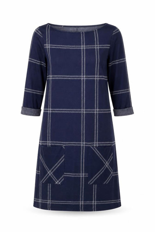 Atmosphere Womens Blue Check Polyester A-Line Size 6 Boat Neck Pullover