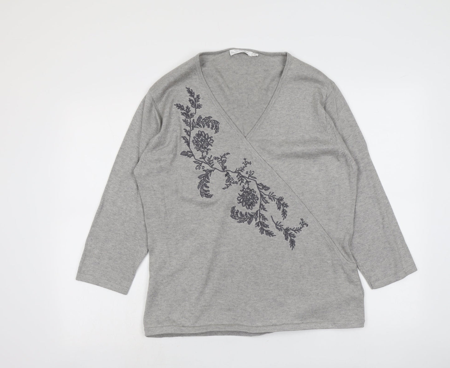 Signature Womens Grey V-Neck Cotton Pullover Jumper Size XL - Floral Detail